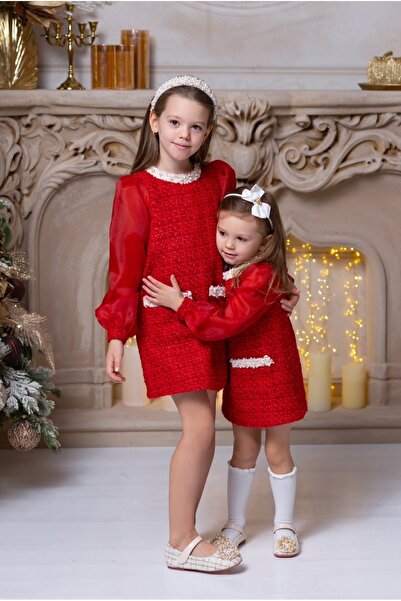 kiddos.ro Girls' red tweed dress with organza puff sleeves, Vanessa