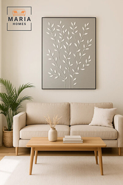 MARIA HOMES Modern 3D Wall Art – Grey Floral Decorative Panel with Raised Branch Design 120×80 cm
