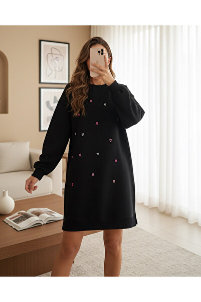 MissRunin Round Neck Heart Patterned Combed Cotton Tunic