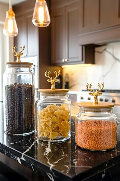 Jenisa 3-Piece Bamboo Lid Metal Deer Figured Transparent Glass Jar Transparent Glass Storage Container 635/890/1400ml