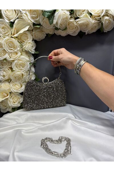 MİOSSA فستان سهرة نسائي أنيق باللون الرمادي مع حقيبة مرصعة بالأحجار في الأمام