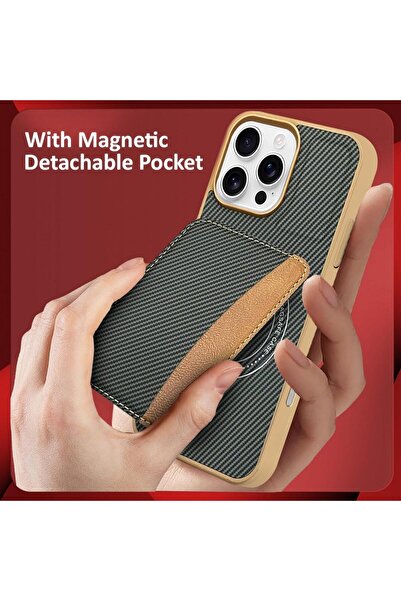 Margoun iPhone 16 Pro Max Case with Detachable Card Holder, Carbon Fiber Texture (Beige)
