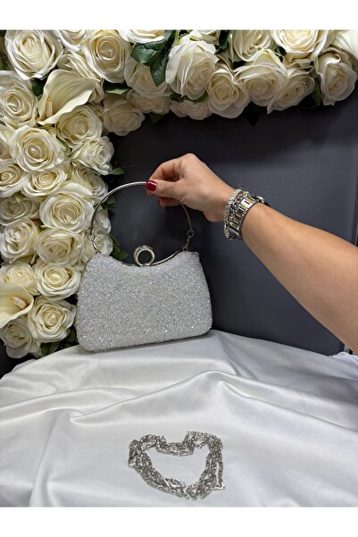 MİOSSA Women's White Stylish Evening Dress with Stones on the Front and Bag