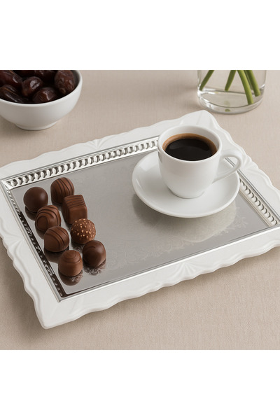 Dania ✨ Luxury silver metal serving tray with a white decorative rim – 35x26 cm ✨