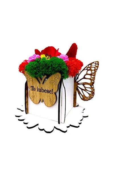 OEM Decorative personalized gift box with stabilized moss and roses, butterfly, 7x7 cm, white