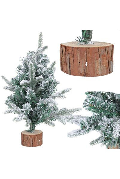 OEM Brad de Crăciun artificial cu efect de zăpadă, 50 cm, bază din lemn, cren...