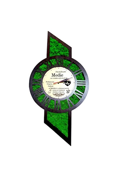 OEM Wall clock decorated with stabilized lichens, gift for doctor, 60x30 cm, wenge