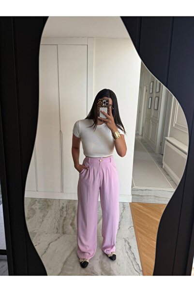 Bade Butik Pliat cu nasturi auriu roz deschis pantaloni palazzo