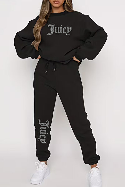 Bozz&Bozz Collection Women's Juicy Crystal Stone Printed Jogger Tracksuit Crew Neck Oversized Sweatshirt Tracksuit Two Piece Set