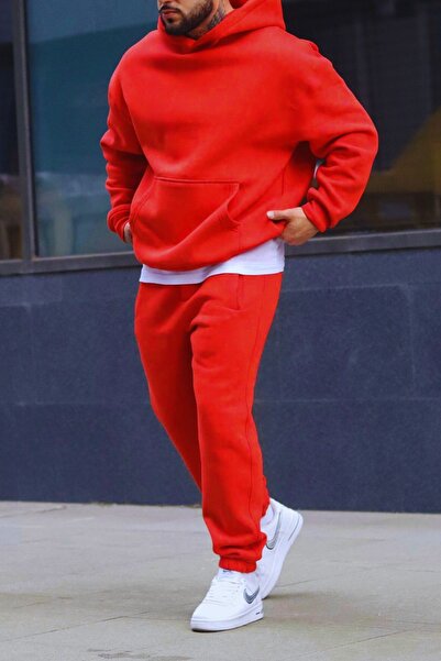 ruNadeS Men's Soft Textured Oversized Kangaroo Pocket Hooded Tracksuit Set - Home Wear