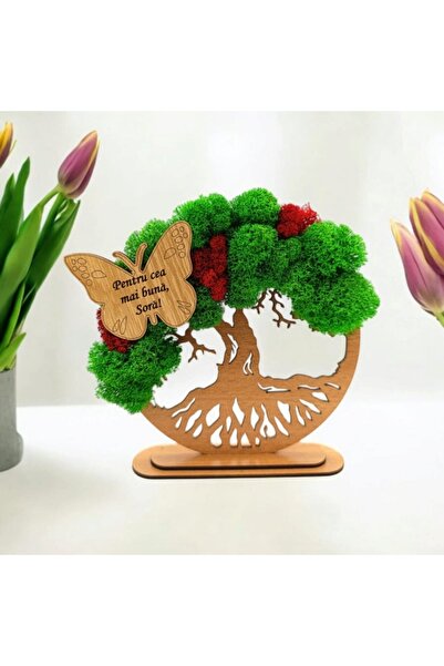 OEM Tree of Life wall art with stabilized lichens, butterfly 'Best Sister', 15 cm, brown