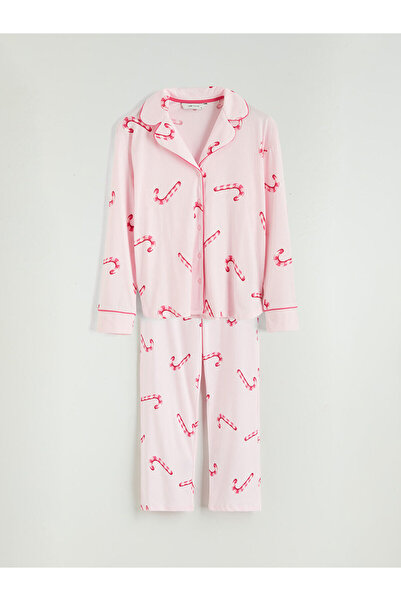 LC Waikiki Peak Yeni Sezon Gömlek Yaka Baskılı Kadın Pijama Takımı