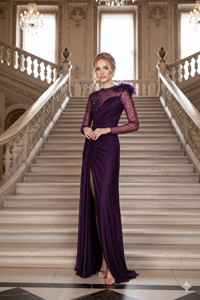 Kenzel Transparan Uzun Kollu İşlemeli Uzun Abiye Elbise