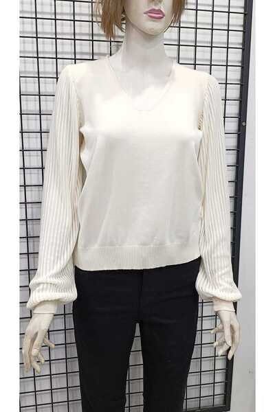 WIENELLA Pleated Wide Sleeve V-Neck Women's Knitwear Blouse