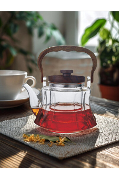 esdekor إبريق شاي زجاجي سعة 1000 مل من ميلا بمقبض من خشب الأكاسيا