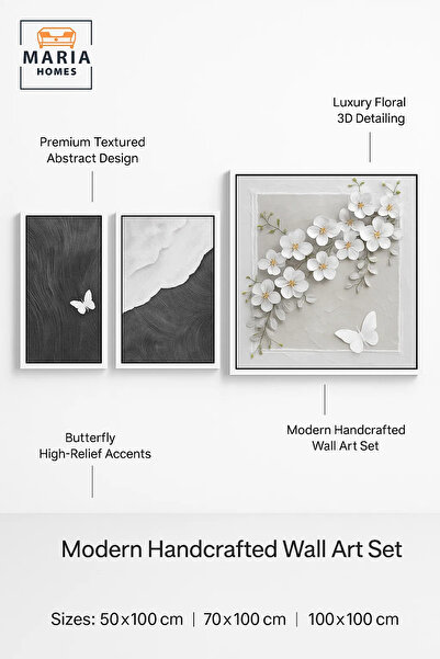 MARIA HOMES 3 Piece 3D Wall Art Set – Modern Floral and Abstract Decorative Panels 100×100 / 70×100 / 50×100