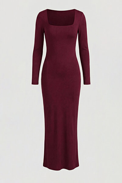 Evelora Burgundy U-Neck Long Sleeve Body-Hugging Stylish Casual Long Dress