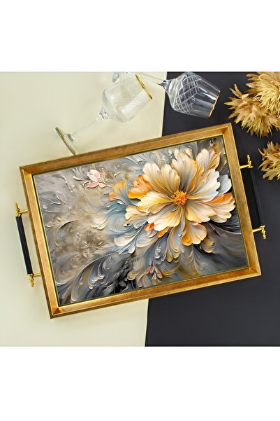 Sembol Glass Lüks Sunum Tepsi Dekoratif Tepsi Çay Tepsisi 47x30x4 Cm