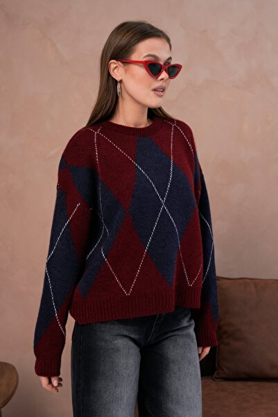 Noi Belis Oversized Large Argyle Pattern Knitwear Sweater Aw25Kz0093