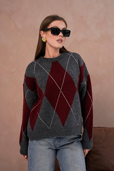 Noi Belis Oversized Large Argyle Pattern Knitwear Sweater Aw25Kz0093