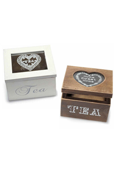 Decorer Set of 2 wooden tea boxes, brown and white, 10 x 8.5 x 7 cm