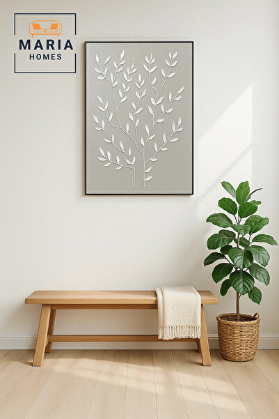 MARIA HOMES Modern 3D Wall Art – Grey Floral Decorative Panel with Raised Branch Design 120×80 cm