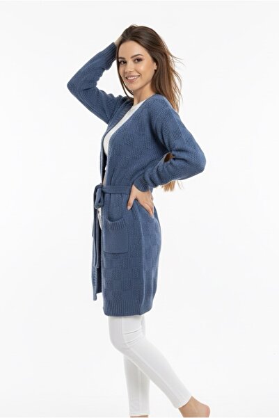 rushana Women's Belted Slim Fit Knit Pattern Knitwear Cardigan with Pockets