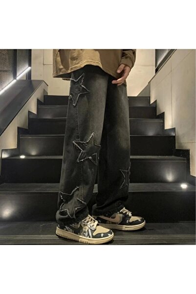 Semesia Limited Edition Y2k Grey Washed Fabric Pattern Λεπτομέρεια αστέρι Λεπτομέρεια Unisex φαρδύ παντελόνι