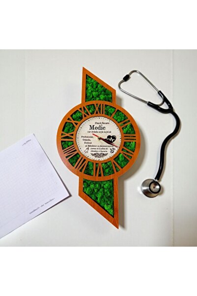 OEM Wall clock decorated with stabilized moss, gift for doctor, 60x30 cm, cherry