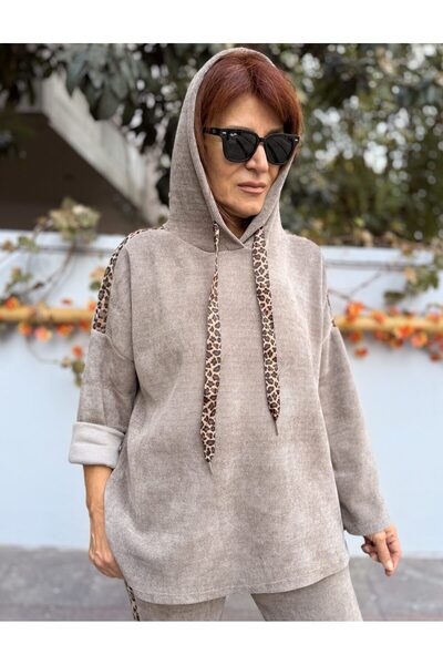 DenizEge Italian K Hooded Leopard Velvet Suit Mink