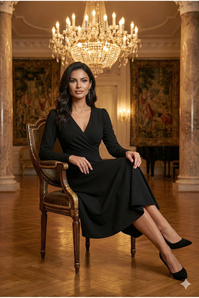 Mossta Premium Design Black Long Sleeve Midi Dress