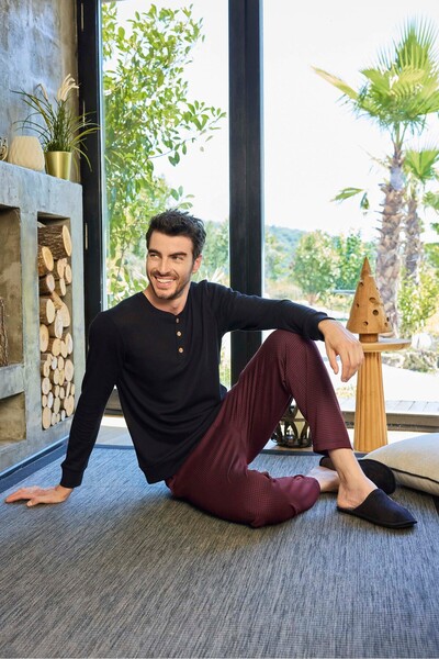 Aydoğan Men's Black Pajama Set Waffle Patch Long Sleeve 24758 - Aydogan ®