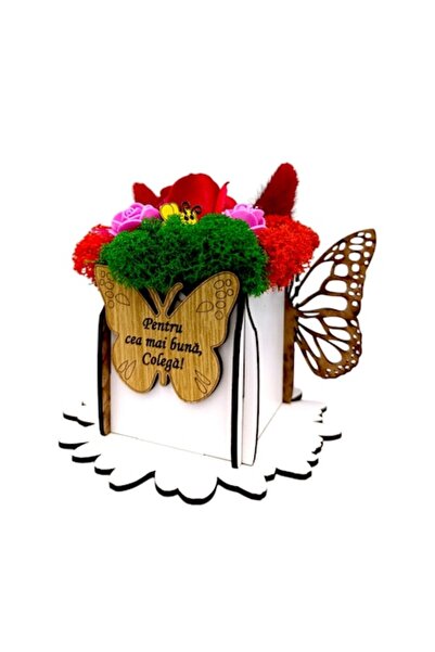 OEM Decorative personalized gift box with stabilized moss and roses, butterfly message 'Best Colleague',