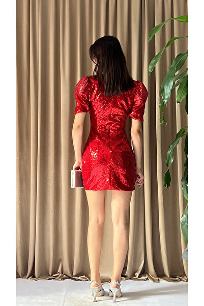 Klex Payetli V Yaka Kısa Abiye Elbise – Drapeli Puff Kol