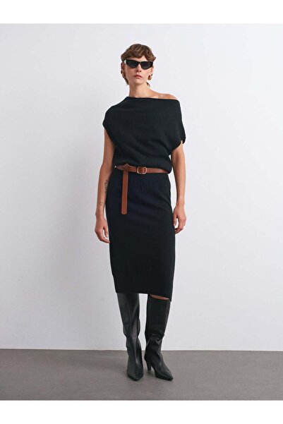 Serpirella Butik Asymmetrical Collar Wool Belted Knit Dress