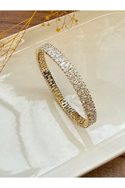 Blotch Tamtur Üç Sıra Zirkon Taşlı Işıl Şık Gece Tarz Abiyelik Juping Gold Bilezik 5.5 cm İç Çapı