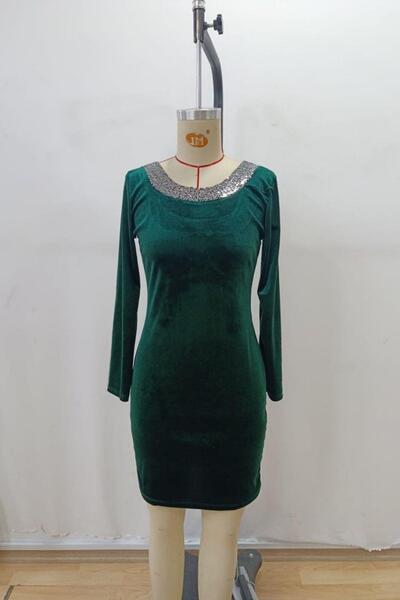Mossta Round Neck Back Detailed Mini Velvet Dress - Green
