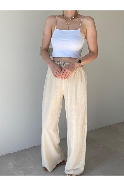 Bade Butik كتان عالي الجودة بلون الحجر بنطلون واسع الأرجل