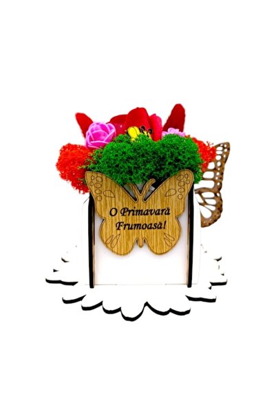 OEM Decorative personalized box with stabilized moss and roses, butterfly, Women's Day, 7x7cm, white