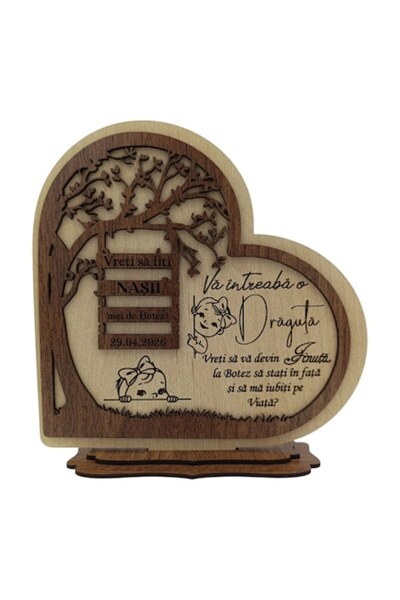 OEM Cadou pentru nași — Decorațiune din lemn în formă de inimă cu mesaj perso...
