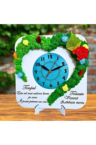 OEM Desk clock decorated with stabilized lichens, personalized with standard message, 30 cm, white