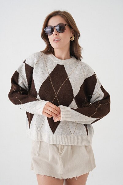 Noi Belis Oversized Large Argyle Pattern Knitwear Sweater Aw25Kz0093