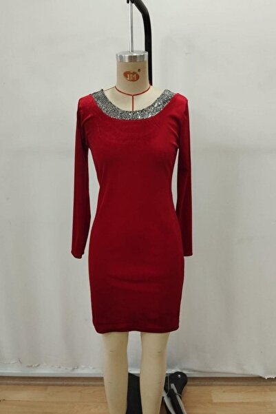 Mossta Round Neck Back Detailed Mini Velvet Dress - Red