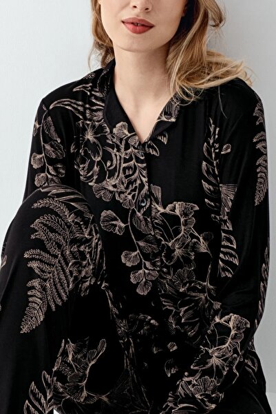 ROZELT Women's Black Modal Shirt Collar Comfortable Pajama Set