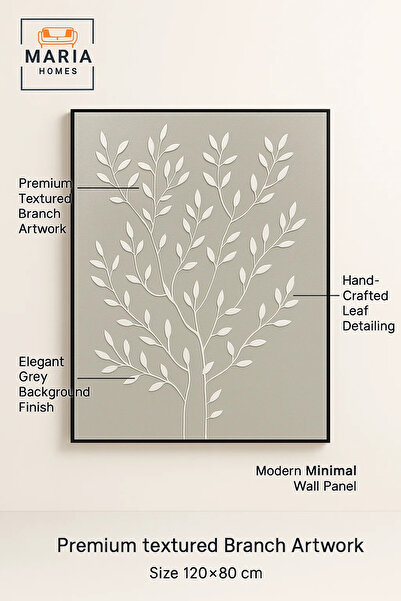 MARIA HOMES Modern 3D Wall Art – Grey Floral Decorative Panel with Raised Branch Design 120×80 cm