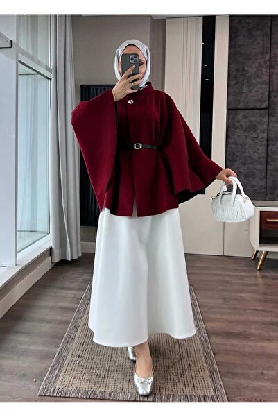 lobivia Burgundy Oversized Mock Neck Poncho Hijab / Tunic Comfortable and Soft Fleece Fabric Stylish Combination Length:75Cm
