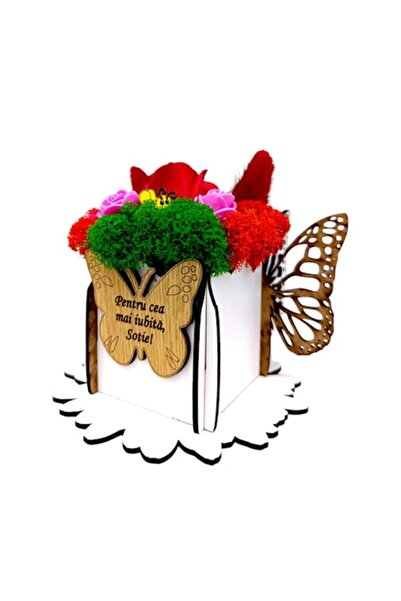 OEM Cutie cadou decorativă cu mușchi stabilizat și trandafiri, fluture, mesaj...