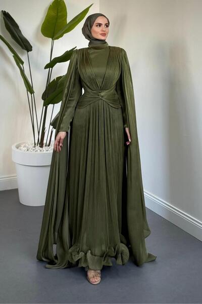 MERVEN AKYÜZ Rienne Pelerinli Pliseli Jan Jan Abiye Haki