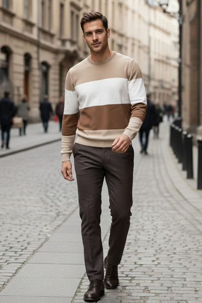 NAZEF Slim Fit Crew Neck Patterned 50% Cotton Knitwear Sweater