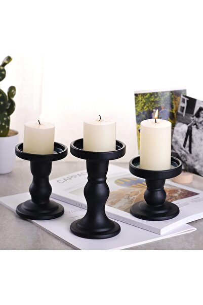 BIGTHREE Matt Candle Holders, Glass Black Pillar - 3 Candlesticks